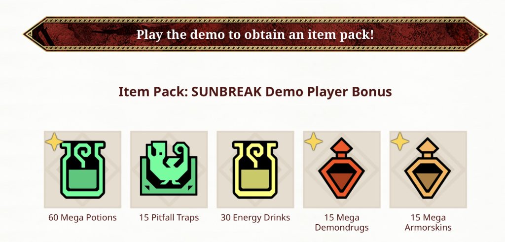Monster Hunter Rise: Sunbreak demo save data item pack bonus